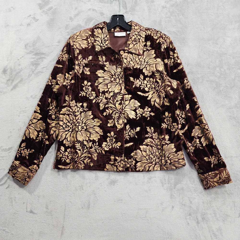 Erin London Jacket Womens M Brown Gold Velvet Floral Button Front Lined Short
